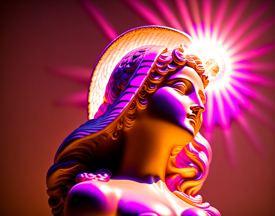 Classical statue with glowing halo on warm gradient background