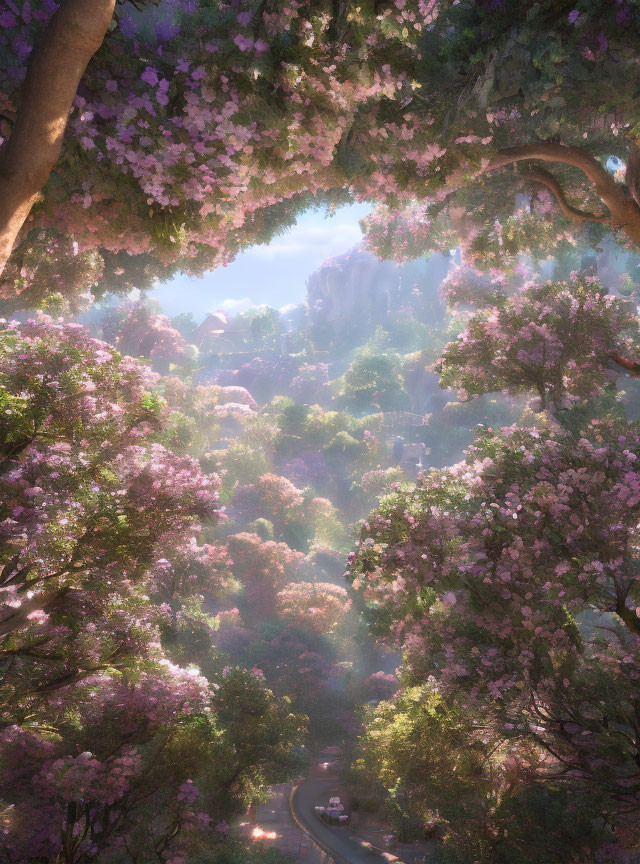 Pink Flowering Trees Line Enchanting Forest Path