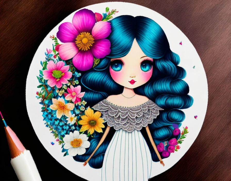 Blue-haired doll character with floral arrangement on circular background, surrounded by colored pencils