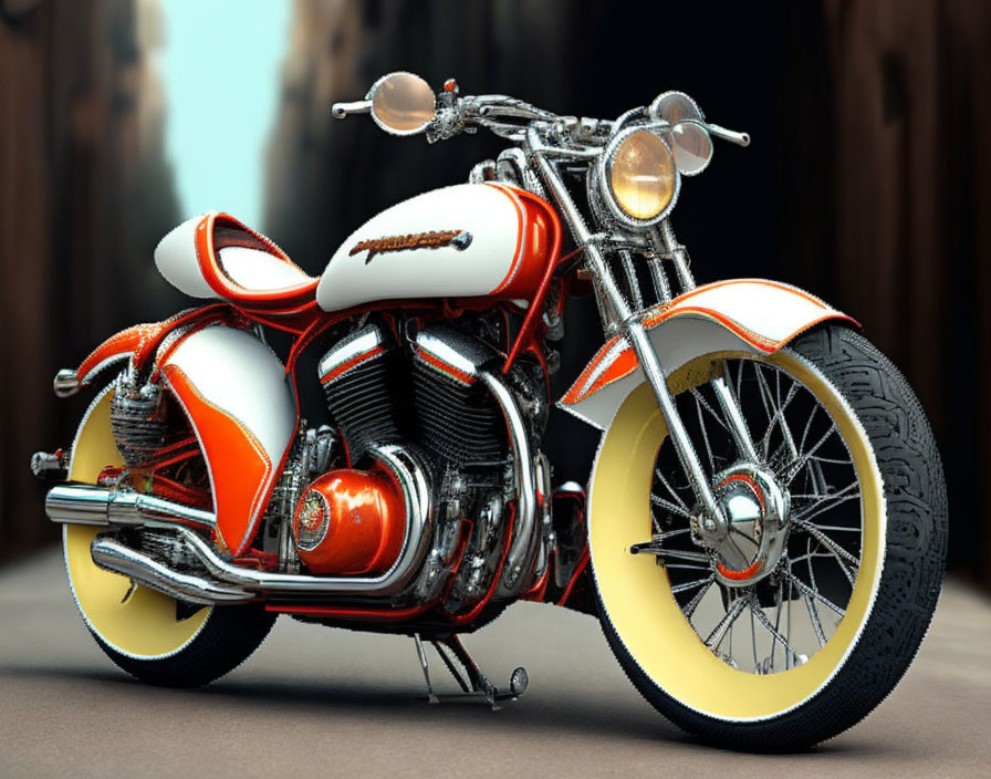 Vintage Red and White Motorcycle with Chrome Details and White-Wall Tires