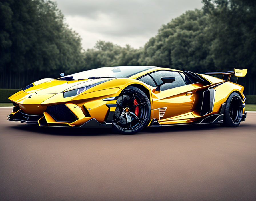 Luxurious Yellow Lamborghini with Black Accents and Rear Spoiler Parked on Road surrounded by Trees