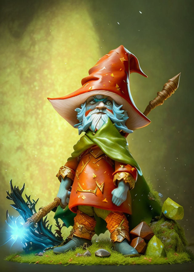 Wizard gnome with long blue beard and glowing crystal staff in ornate orange attire