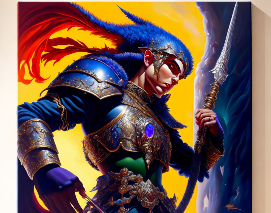 Warrior with Blue Armor and Fiery Red Cape Holding Spear