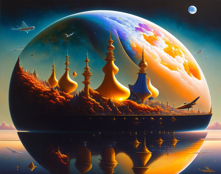 Surreal artwork of ornate buildings reflecting in water with giant planet and colorful sky