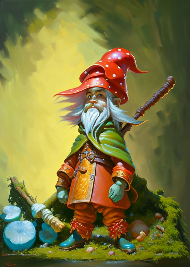 Whimsical gnome with long beard in red mushroom cap hat on mossy patch