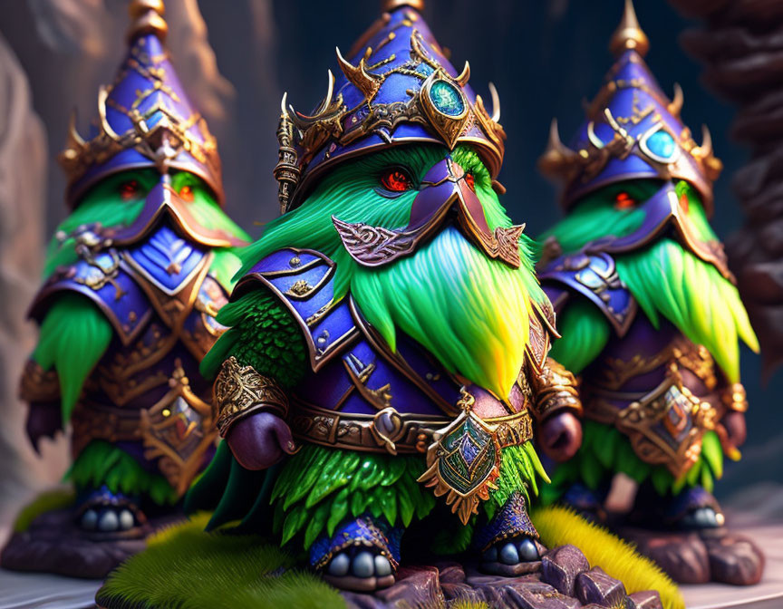 Stylized animated guards with green beards in intricate armor and feathered helmets.