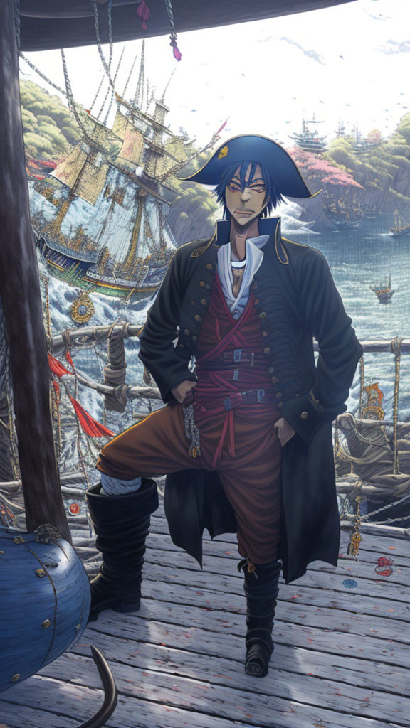 Anime-style pirate illustration on ship deck with tricorne hat, cape, sword, and harbor view