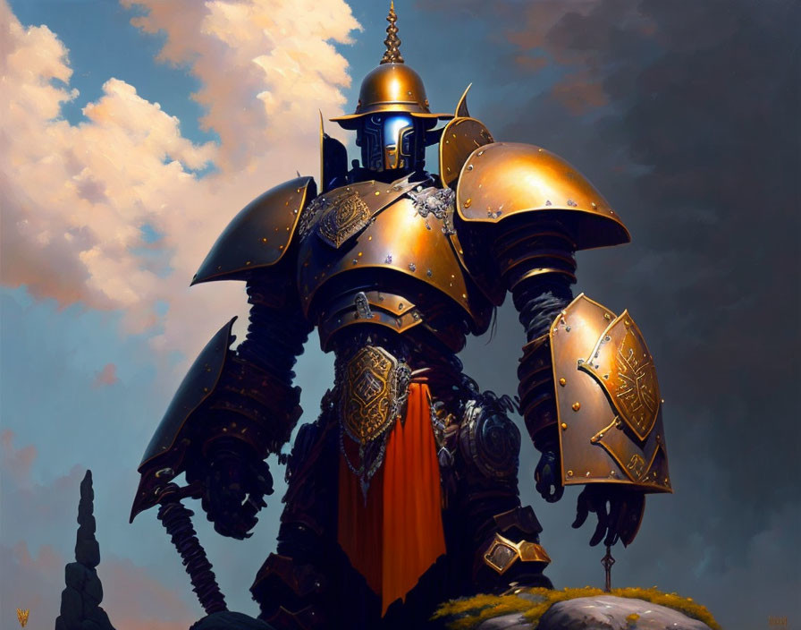 Armored knight with ornate helmet and shield under cloudy sky