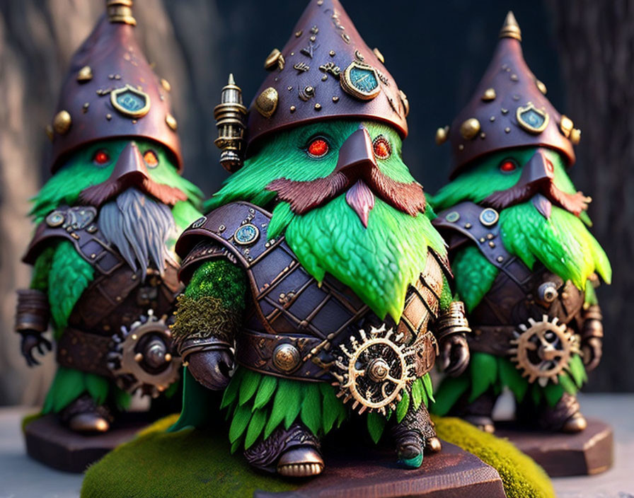 Three ornate steampunk gnome figurines with green beards in armor with gears.