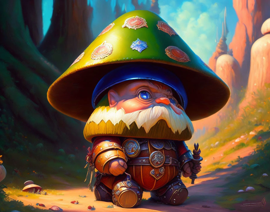 Fantasy illustration of a gnome in ornate armor, holding a staff, set in lush forest.