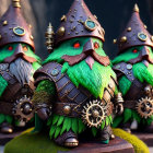 Stylized animated guards with green beards in intricate armor and feathered helmets.