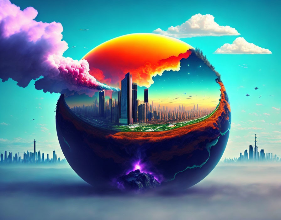 Fragmented planet with cityscape, vibrant sky colors, and ominous crack emitting energy