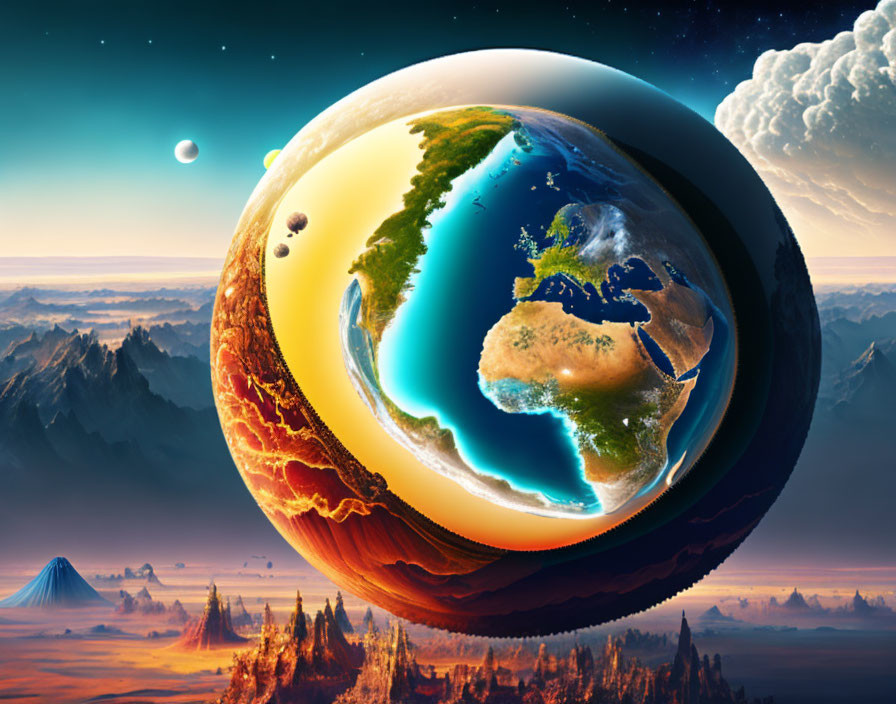 Surreal artwork: Earth merged with another planet in vivid landscape