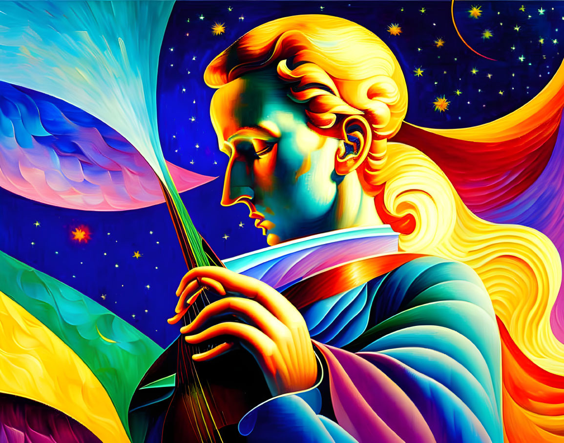 Colorful surreal artwork: Angelic figure playing stringed instrument in cosmic backdrop.