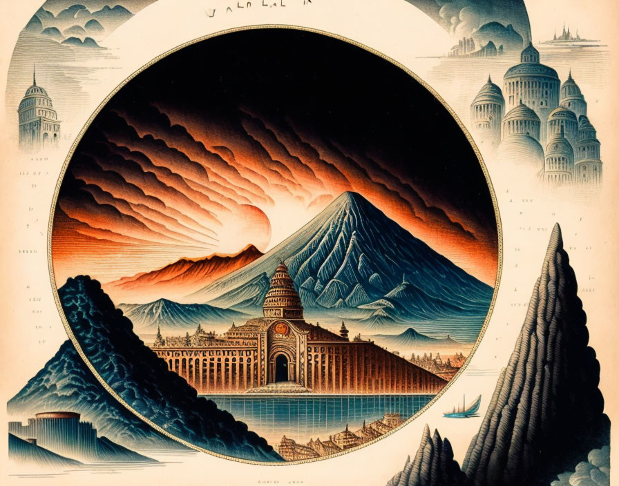 Vintage circular illustration of volcanic eruption with fiery sky, flowing lava, structures, and water with boats.