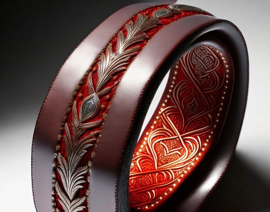 Intricately embossed leather belt with detailed patterns