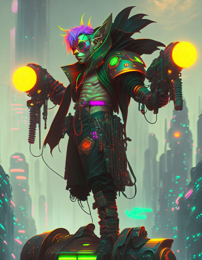 Multicolored spiky hair cyberpunk character in futuristic armor with glowing orbs in neon cityscape