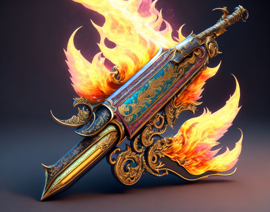 Ornate sword engulfed in vibrant flames against gradient backdrop