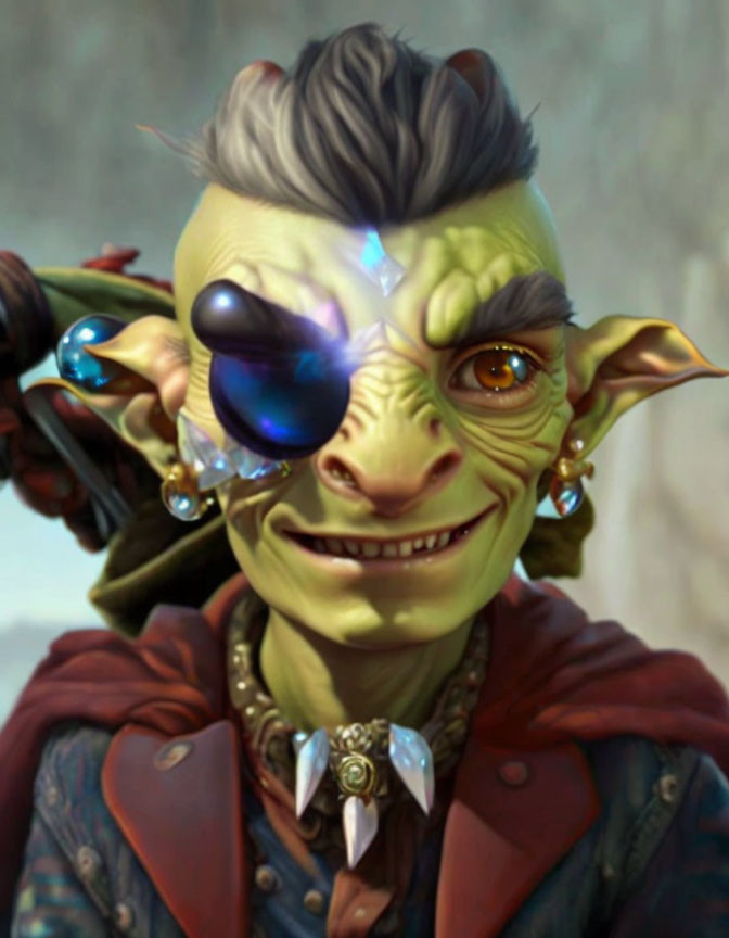 Green-skinned goblin-like creature with monocle and earrings