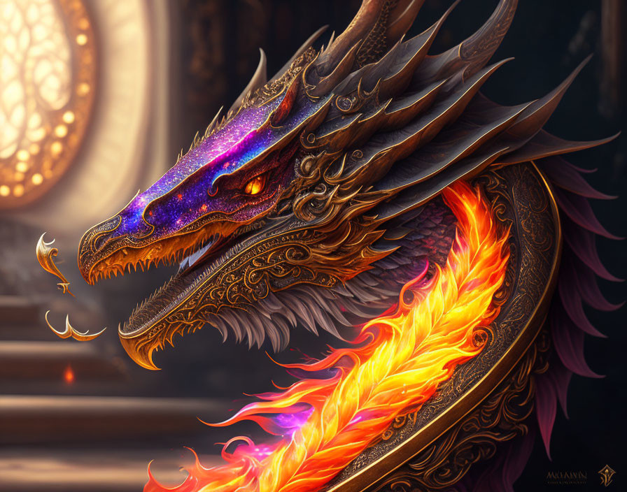 Majestic Dragon with Glowing Eyes and Fiery Mane in Golden Adornments