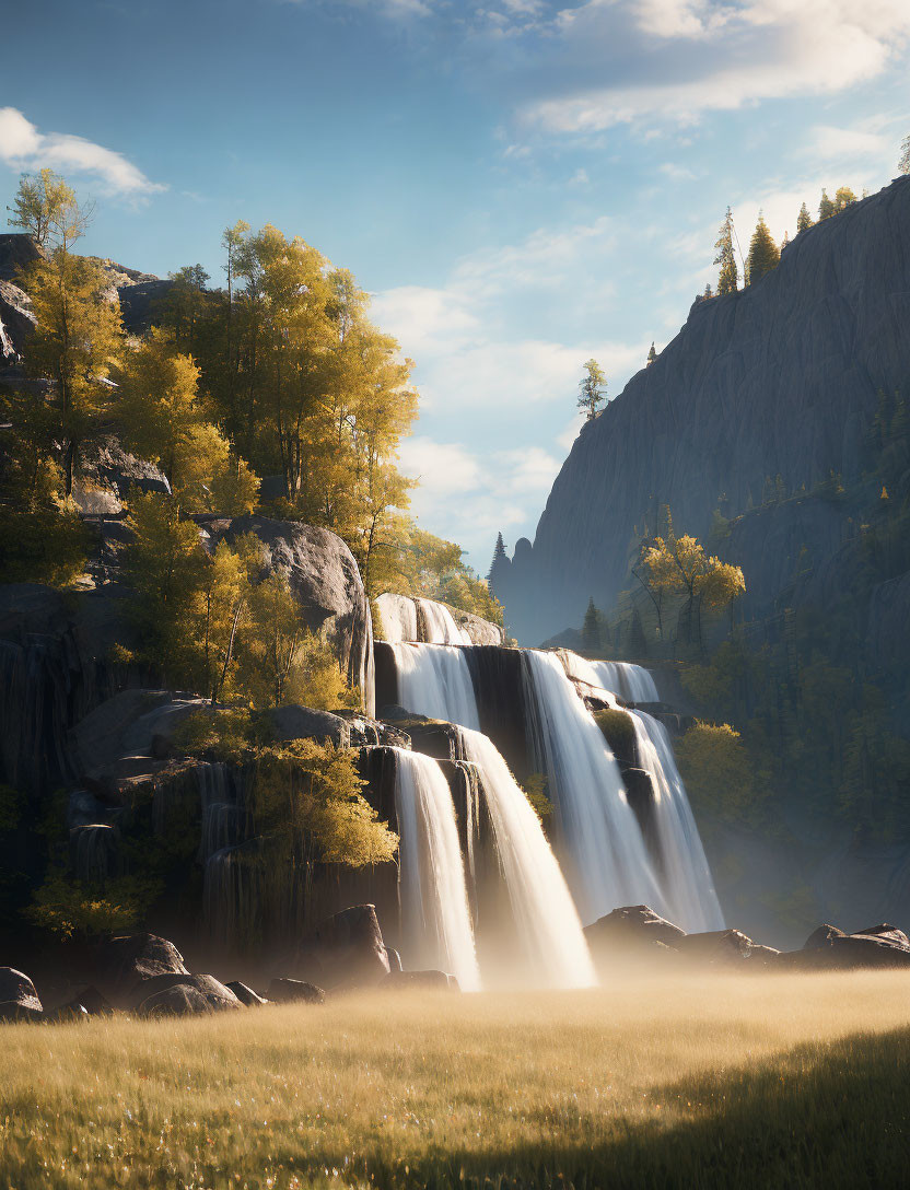 Tranquil waterfall flowing over rocky cliffs into misty pool surrounded by lush trees