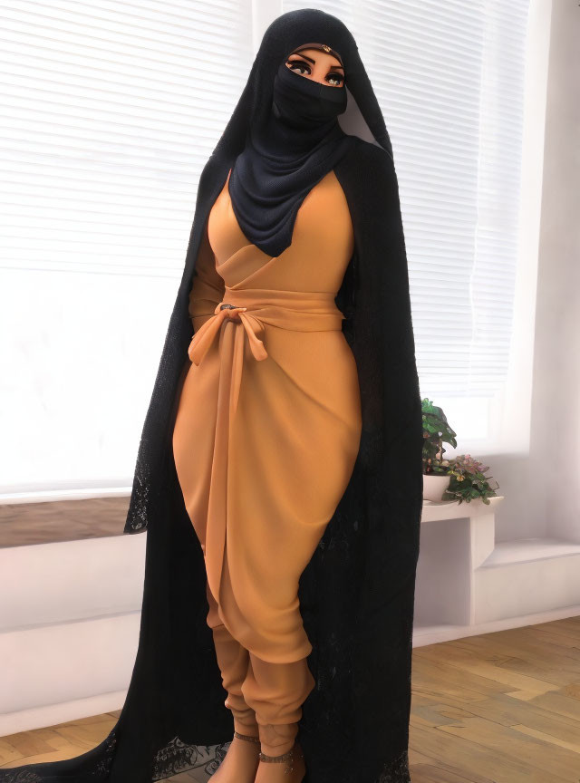 Stylish woman in orange hijab and matching outfit in well-lit room