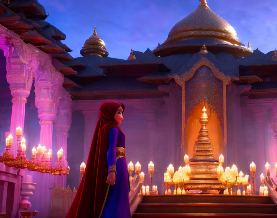 Blue-dressed animated character in ornate temple with red veil