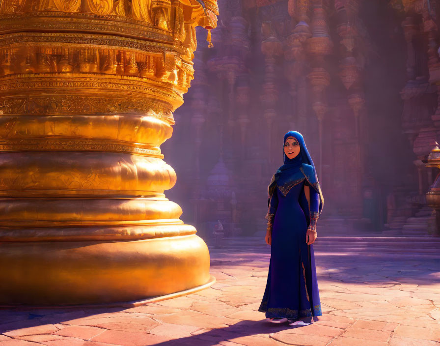 Woman in Blue Hijab Standing by Golden Pillars in Traditional Temple