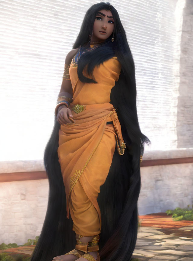 3D animated woman in traditional orange and gold attire with long black hair by white columns