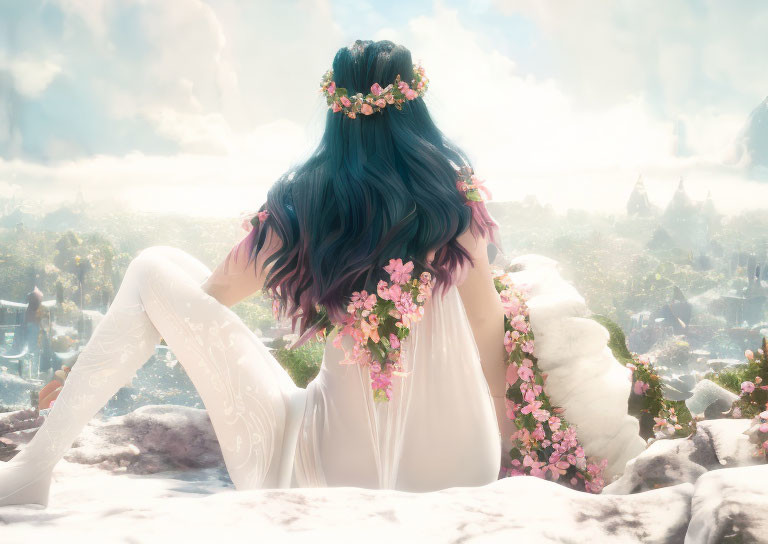 Woman in floral crown and pink flower dress gazes at snowy landscape with distant castles under cloudy sky