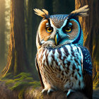 Colorful Owl Perched on Branch in Sunlit Forest