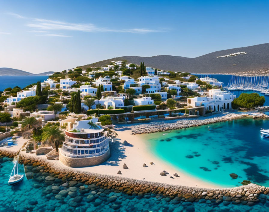 White Buildings and Sailboat in Coastal Resort with Blue Sea and Green Hills