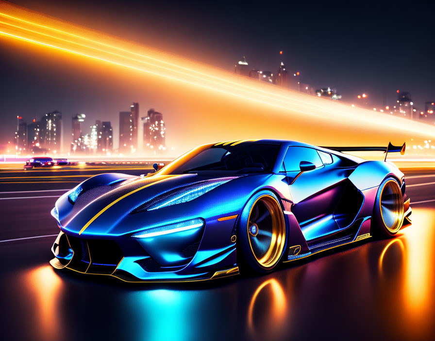 Blue Sports Car Speeding Through Cityscape with Dynamic Lighting Effects