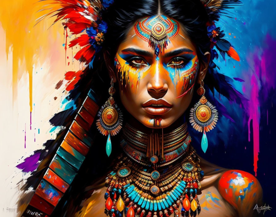 Colorful digital artwork of woman with tribal makeup and feather headdress.