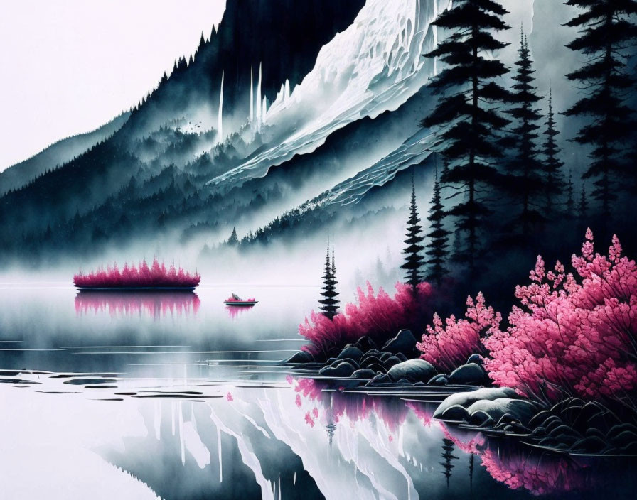 Misty mountain landscape with pine trees, lake, pink foliage, and boat