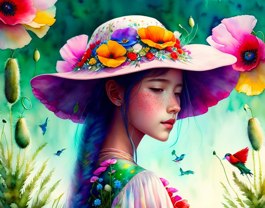 Colorful digital artwork featuring a girl with floral hat, hummingbirds, poppies, and foliage