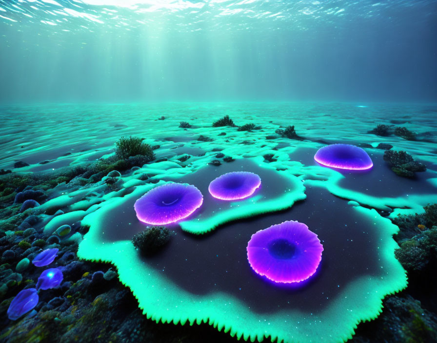 Underwater scene: Bioluminescent sea anemones and sunbeams on coral reef