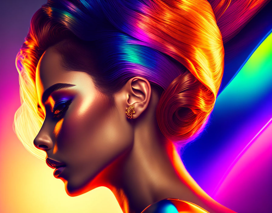 Colorful side profile of woman with vibrant rainbow hair and makeup under colorful lighting