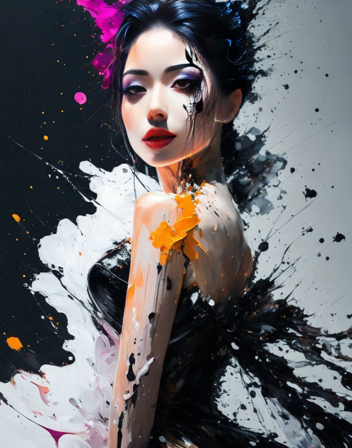 Vibrant painting of a woman with black, white, and colorful splashes