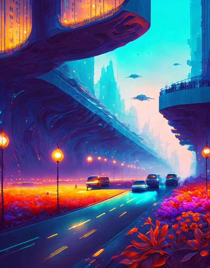 Futuristic cityscape with neon lights, flying vehicles, and intricate overpass.