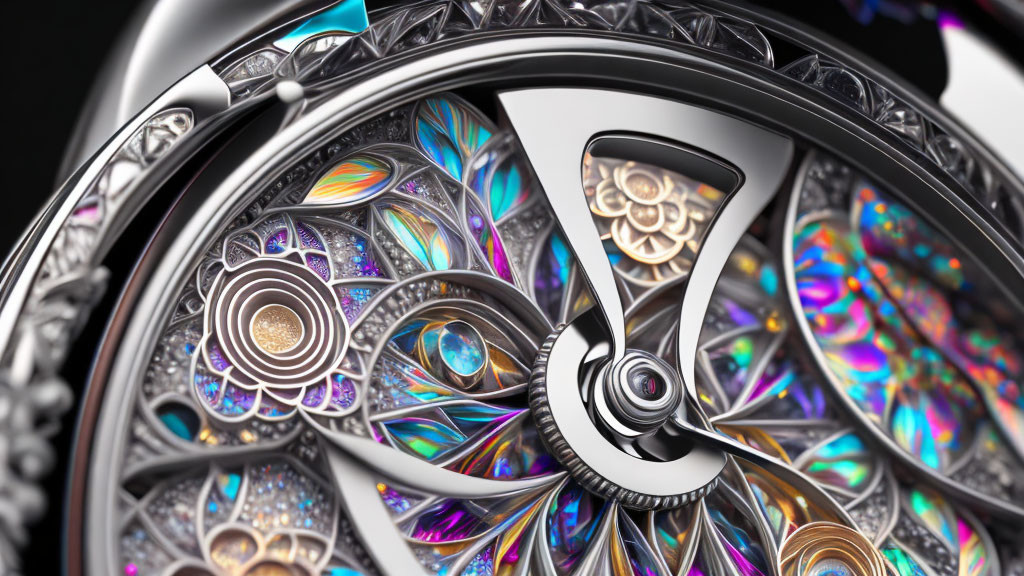 Luxurious watch with intricate metalwork and iridescent details