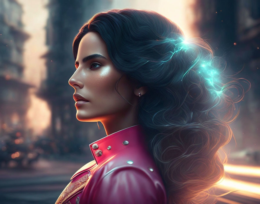 Digital artwork: Woman with radiant skin and dark wavy hair, blue light highlights, gazing against