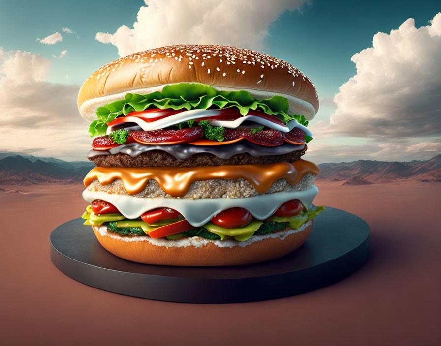 Giant multi-layered burger with lettuce, cheese, bacon, and beef patties in desert scene