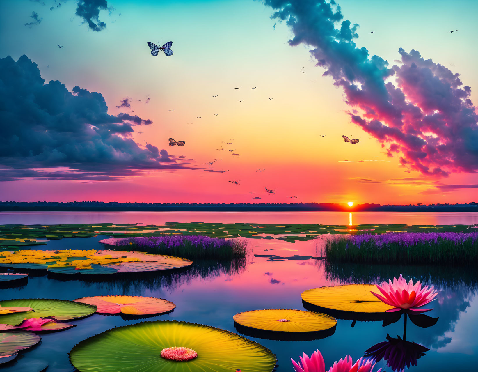 Colorful sunset scene over lake with lily pads, pink flowers, birds, and butterfly