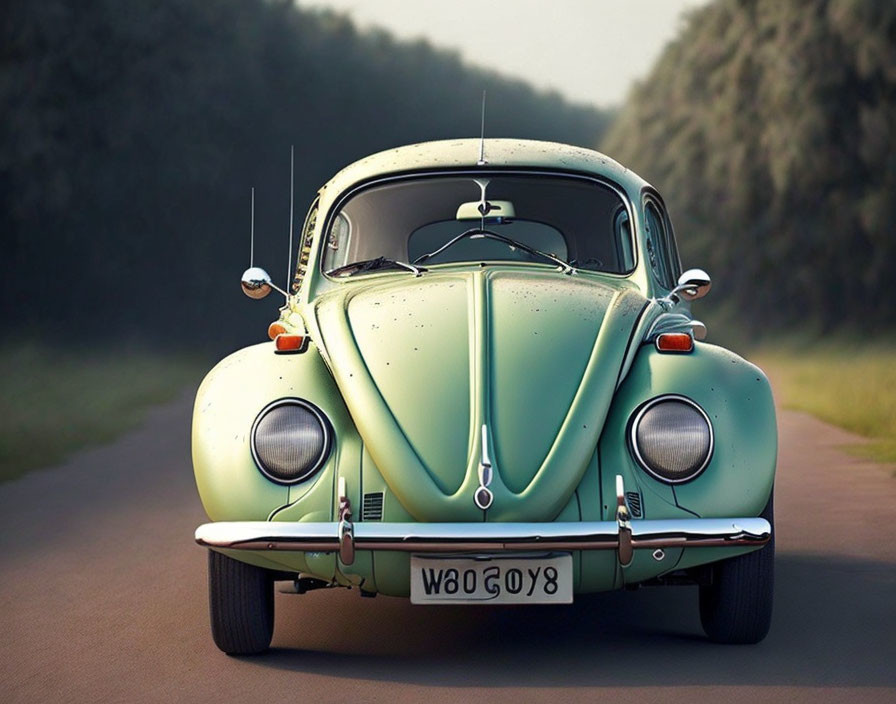 Classic Green Volkswagen Beetle Car Parked on Road with Trees