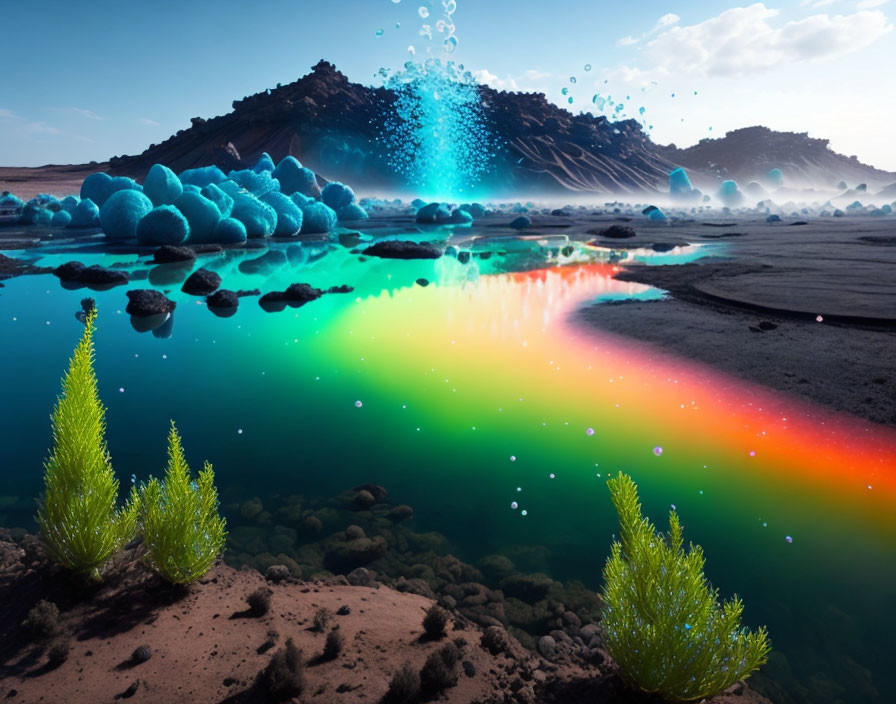 Vibrant rainbow-colored lake in surreal landscape