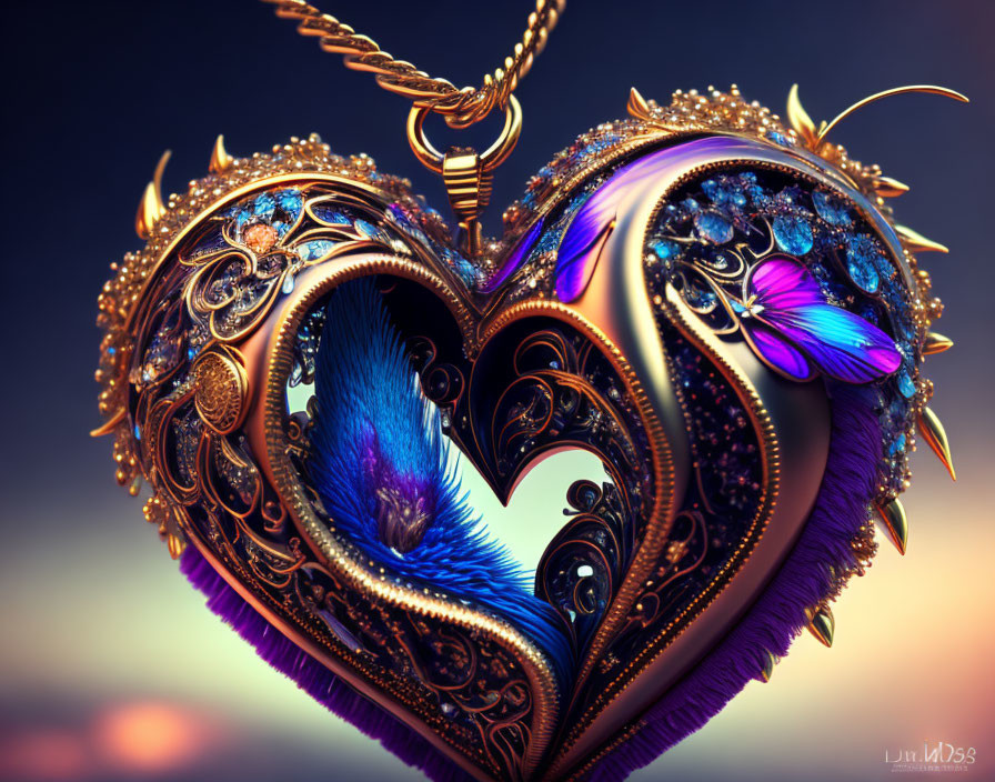 Intricate Gold Heart Pendant with Blue Feather and Gems