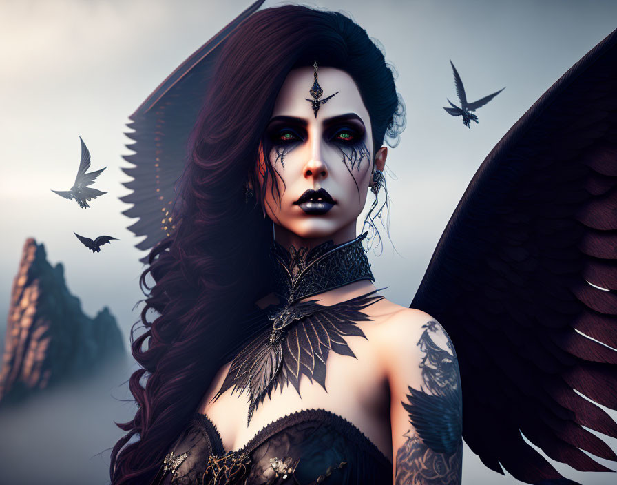 Gothic winged female figure with tattoos, makeup, and headpiece in misty setting with