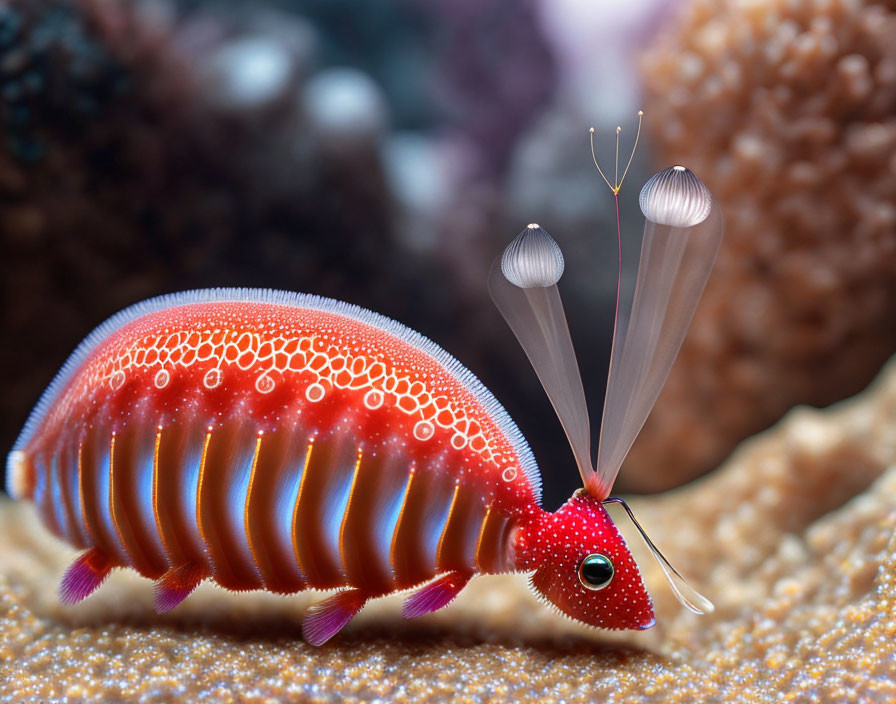 Colorful red and white banded shrimp with long white antennae in marine setting