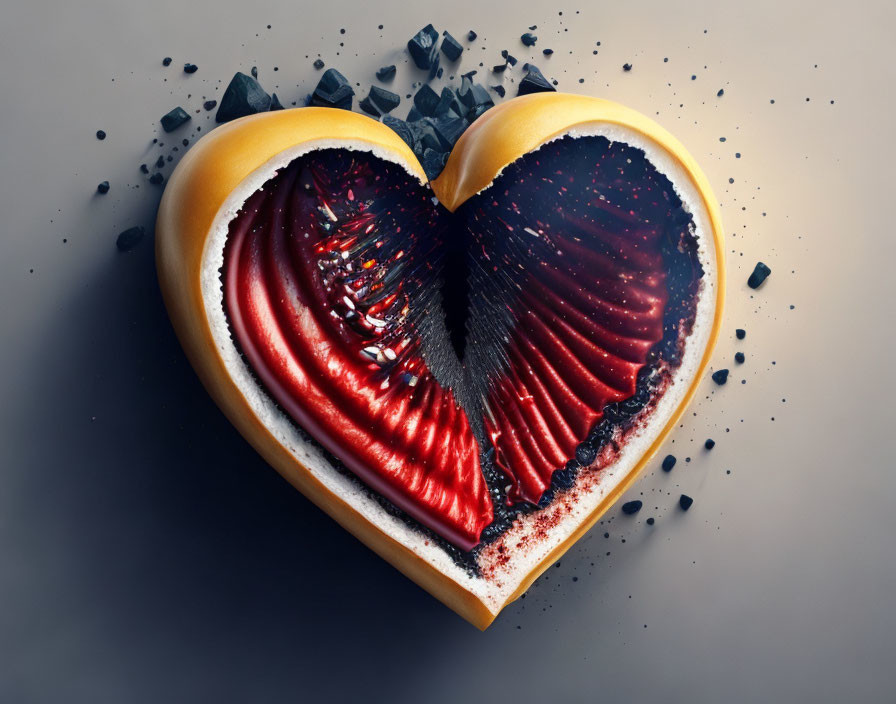 Heart-shaped object split in half with textured red interior and dark edges on grey surface